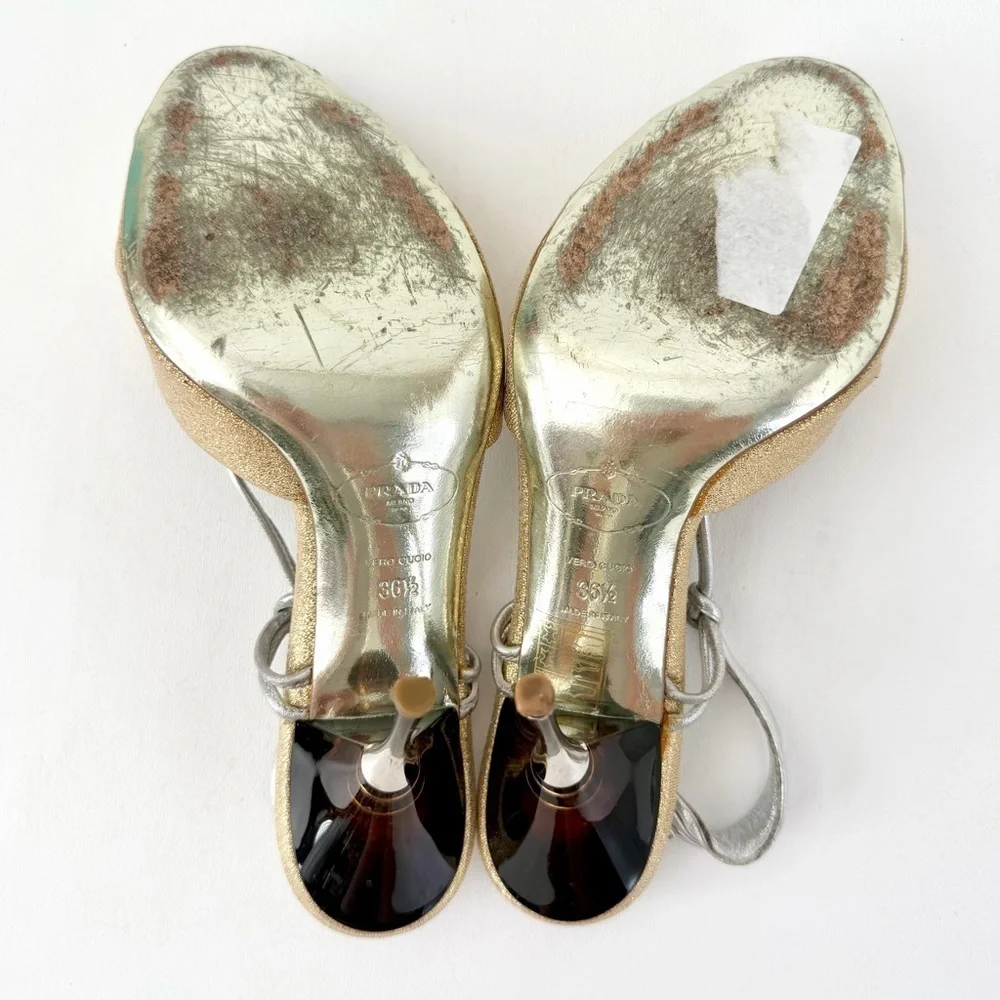 PRADA | Vintage Gold & Silver Metallic Knot Heels Tortoise Stiletto 36.5